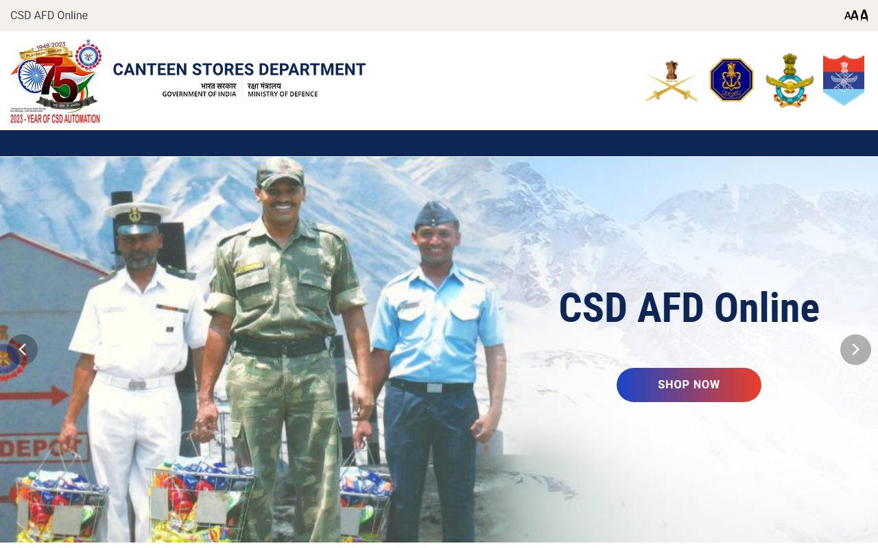 The CSD AFD Online portal's front page — the Canteen Stores Department header with Government of India, Ministry of Defence, and the CSD AFD Online banner with a Shop Now button