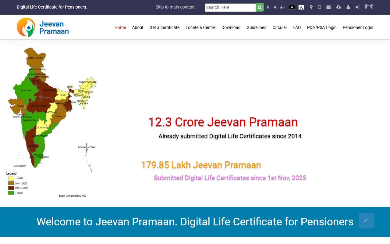 The Jeevan Pramaan portal's front page — the Jeevan Pramaan logo on the top left, and the menu with Get a certificate, Download, Guidelines and FAQ
