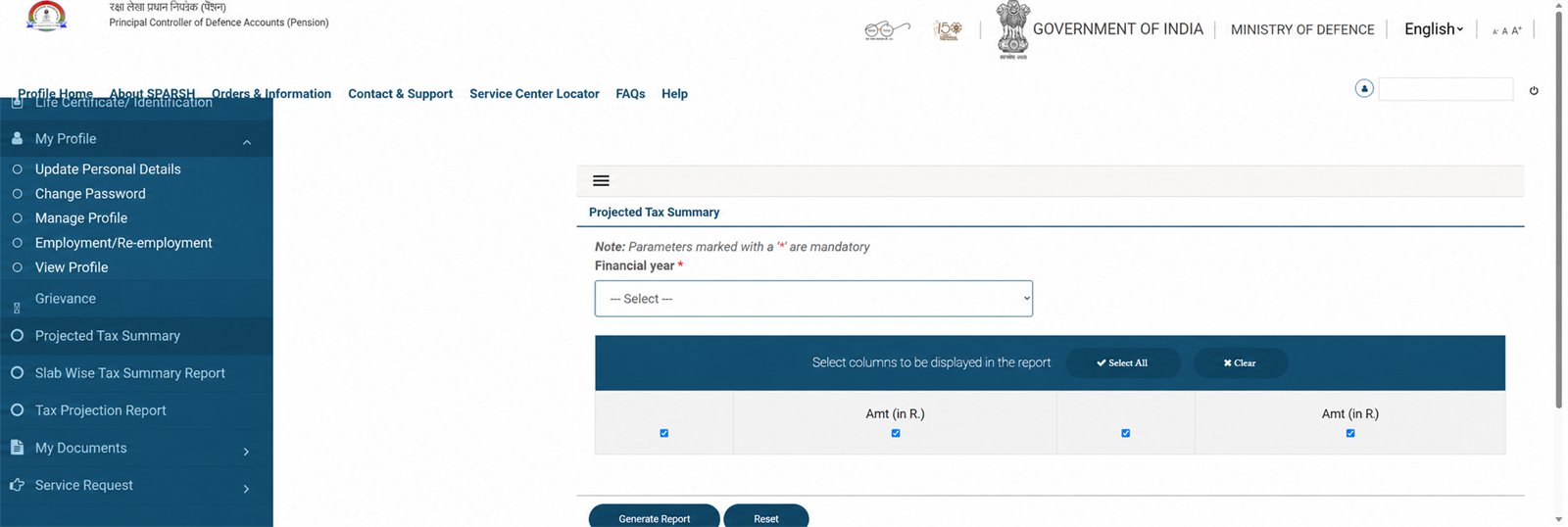 SPARSH Projected Tax Summary report screen