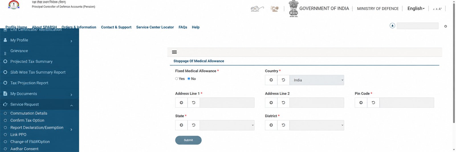 Privacy-redacted SPARSH Stoppage of Medical Allowance form with Fixed Medical Allowance Yes and No options