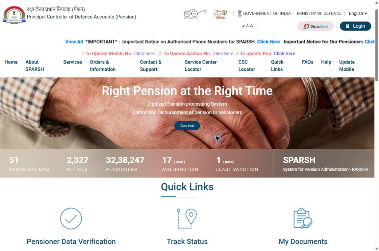 Real SPARSH homepage showing the official PCDA Pension header, navigation, Login button and Quick Links including My Documents