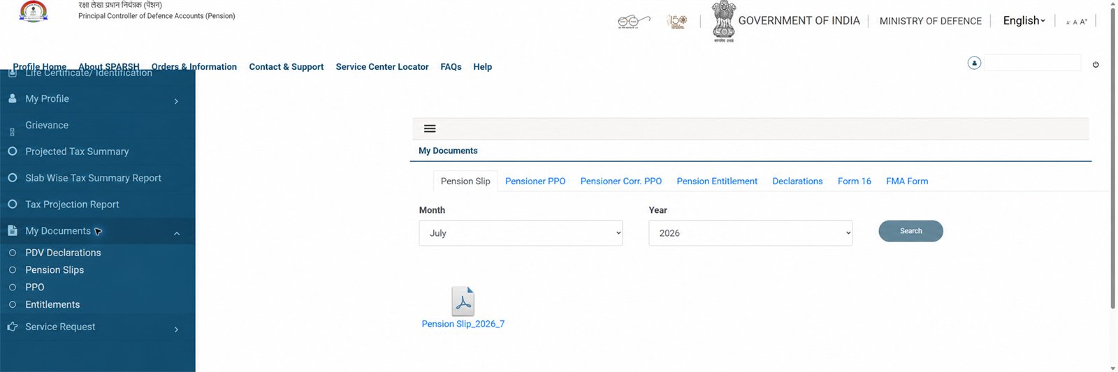 Privacy-redacted SPARSH My Documents menu showing PPO, Pension Slip and Entitlements