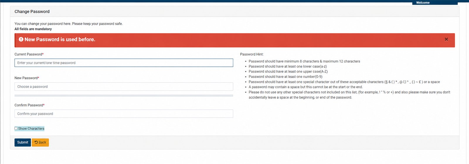 SPARSH Change Password page showing New Password is used before error, with account-holder name redacted
